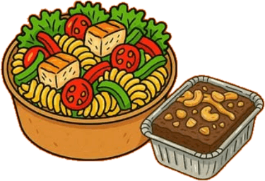 Ilustración de un bowl de pasta con tofu y verduras junto a una colación en bandeja con frutos secos
