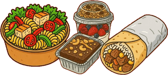 Ilustración de las cuatro preparaciones diarias: bowl de pasta con tofu, colación de yogur con frutos rojos, bandeja con frutos secos y un burrito relleno