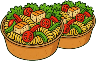 Ilustración de dos bowls de pasta con tofu y verduras, el almuerzo y la cena del día