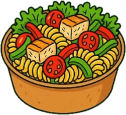 Ilustración de un bowl de pasta con tofu, tomate cherry, pimentón y hojas verdes
